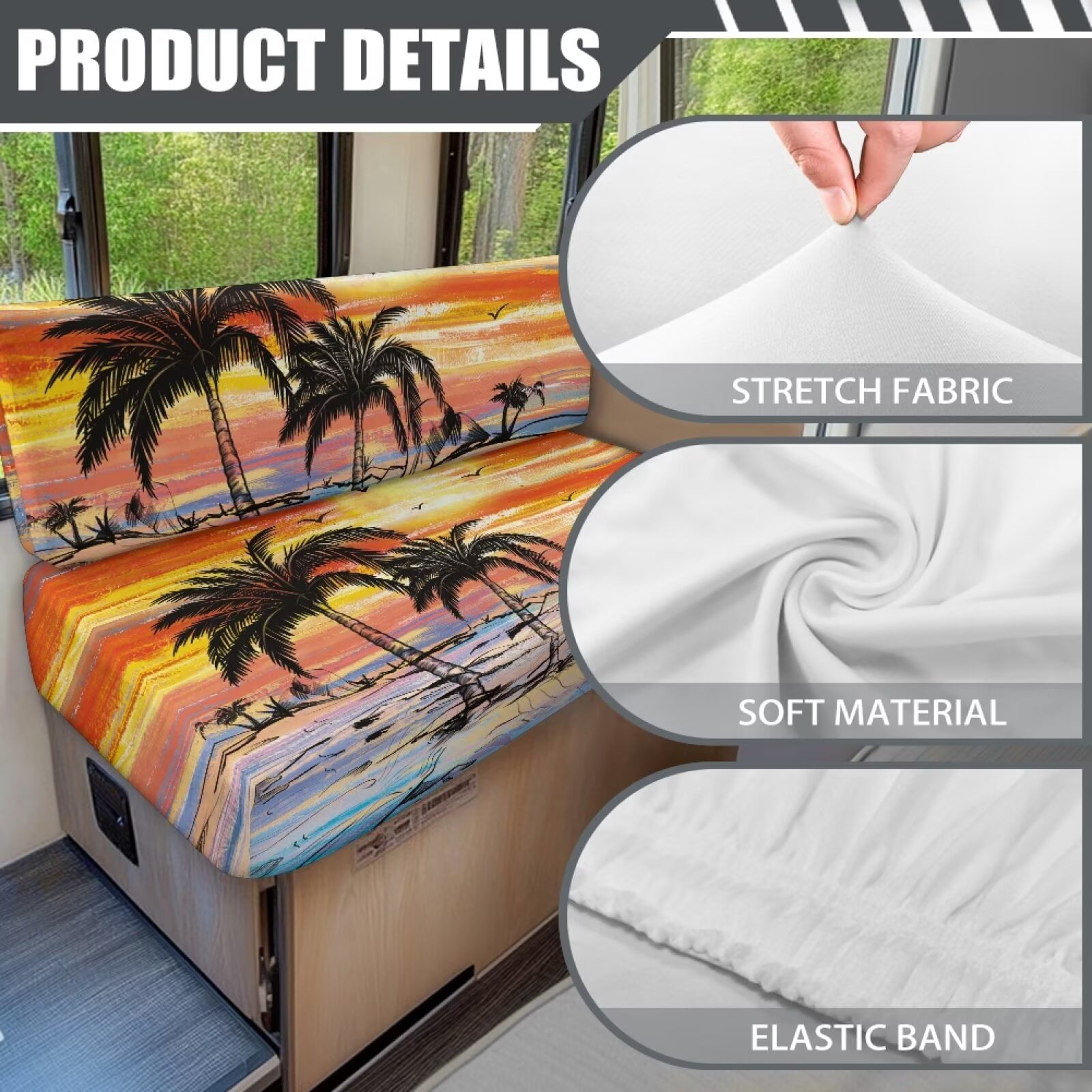 XYZCANDO Tropical Palm Tree Sunset RV Dinette Cushions Comfortable RV Decor Washable Furniture Covers Universal Sofa Slip Covers for 2 Seat Cushion Couch Slipcovers Hawaiian Orange