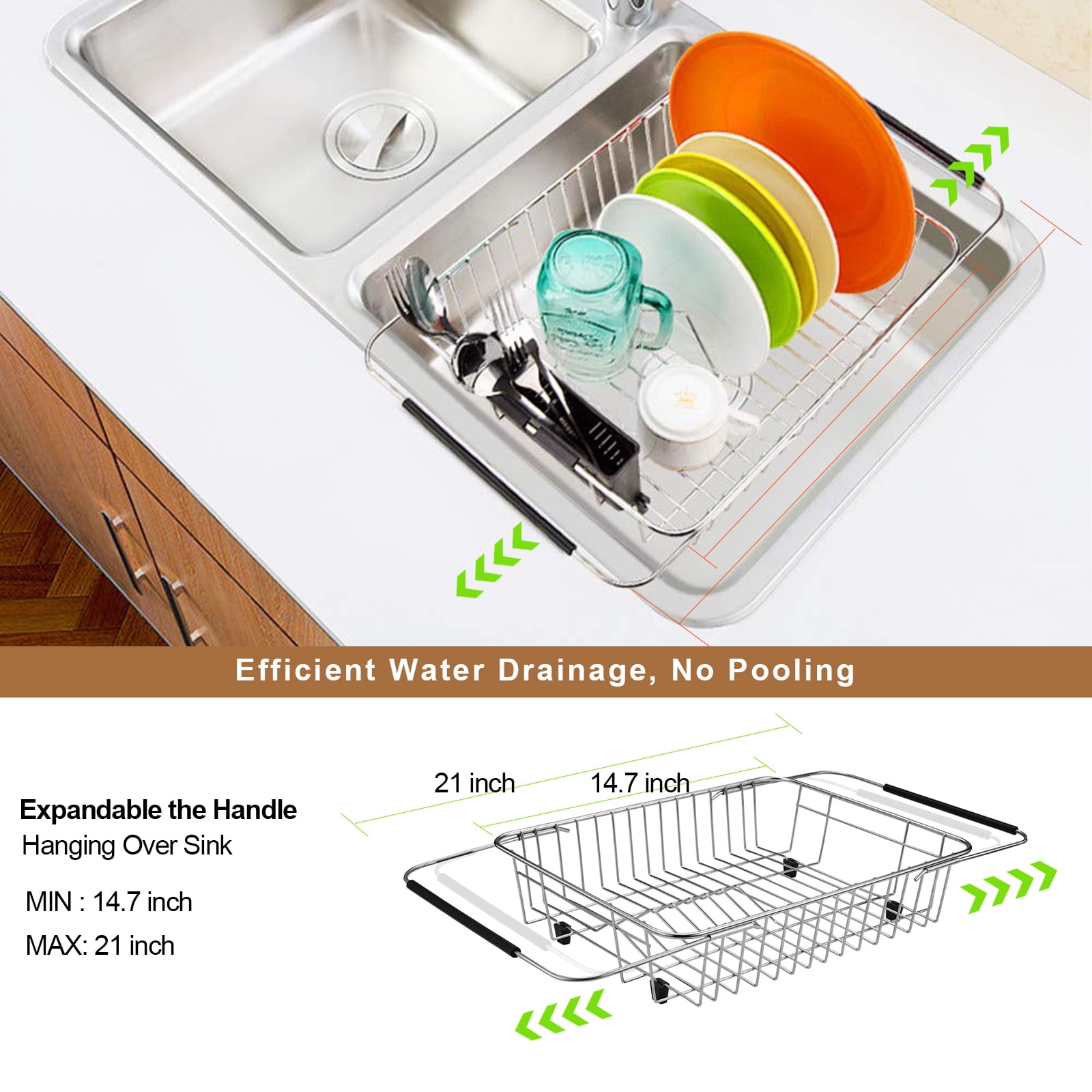 SANNO Expandable Dish Drying Rack Over The Sink Dish Drainer in Sink or On Counter with Utensil Silverware Storage Holder