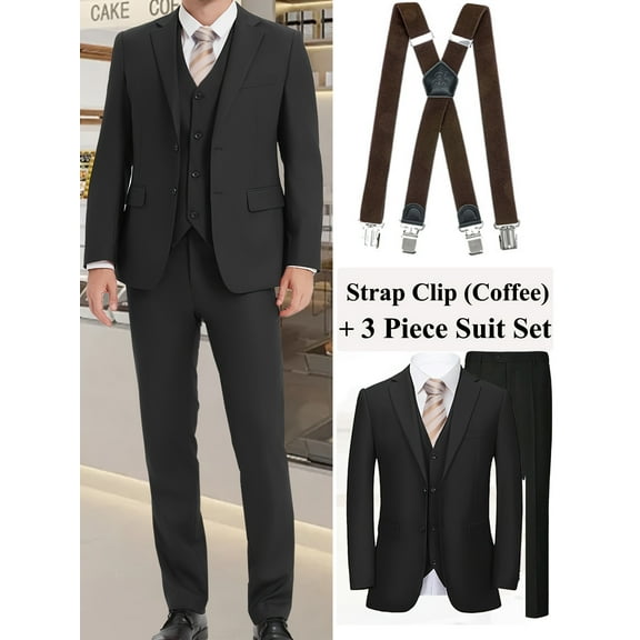 [4pcs Men's Suit] 4pcs Men's Solid Color Suit Set | Two Button Jacket Vest Trousers and Adjustable Coffee Suspender Clips | Ideal for Date Party Wedding and Business