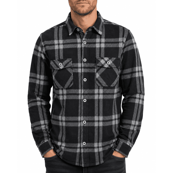 vkwear Men's Plaid Flannel Shirt, Long Sleeve Button-Up Soft Polyester Casual Work Shirt, Black, M