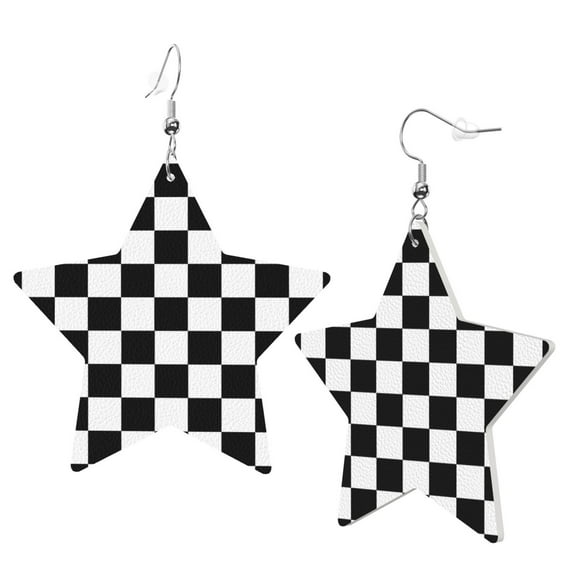 Leather Star Hook Earrings Checkerboard Print Earring Dangle Drop Earring For Women
