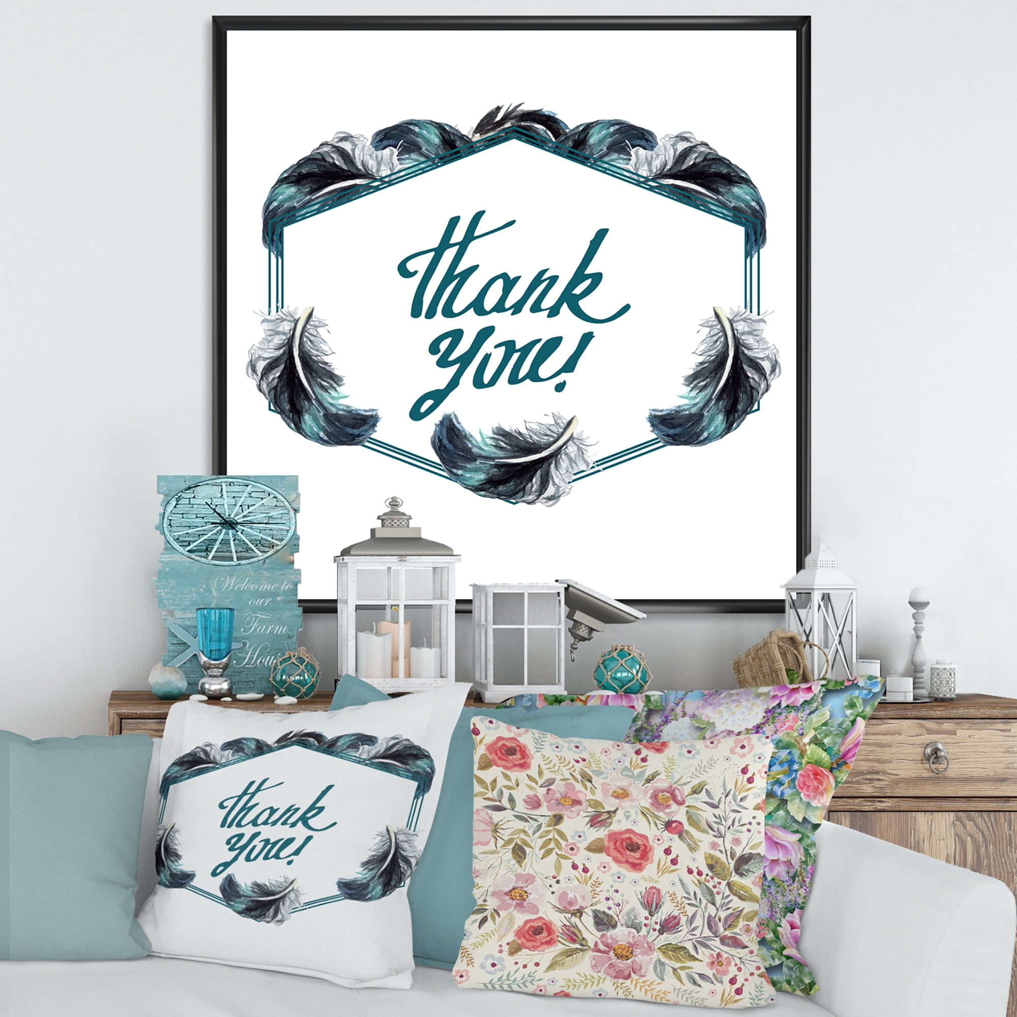 Designart 'Black Boho Art Feathers Thank You' Bohemian & Eclectic Framed Canvas Wall Art Print