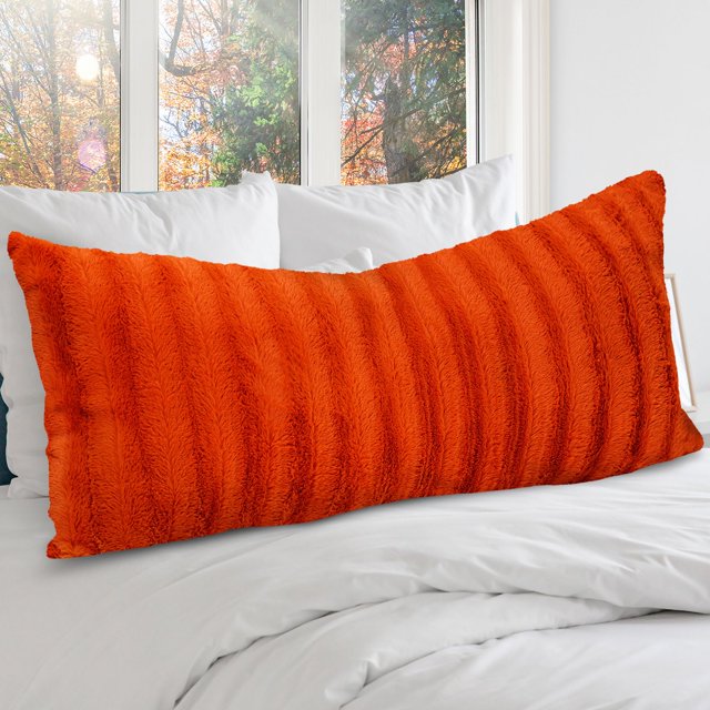 Cheer Collection Faux Fur Long Body Pillow - Accent Throw Pillow for Bed and Couch - Decorative Lumbar Pillow with Insert, Rust Orange (18" x 40")