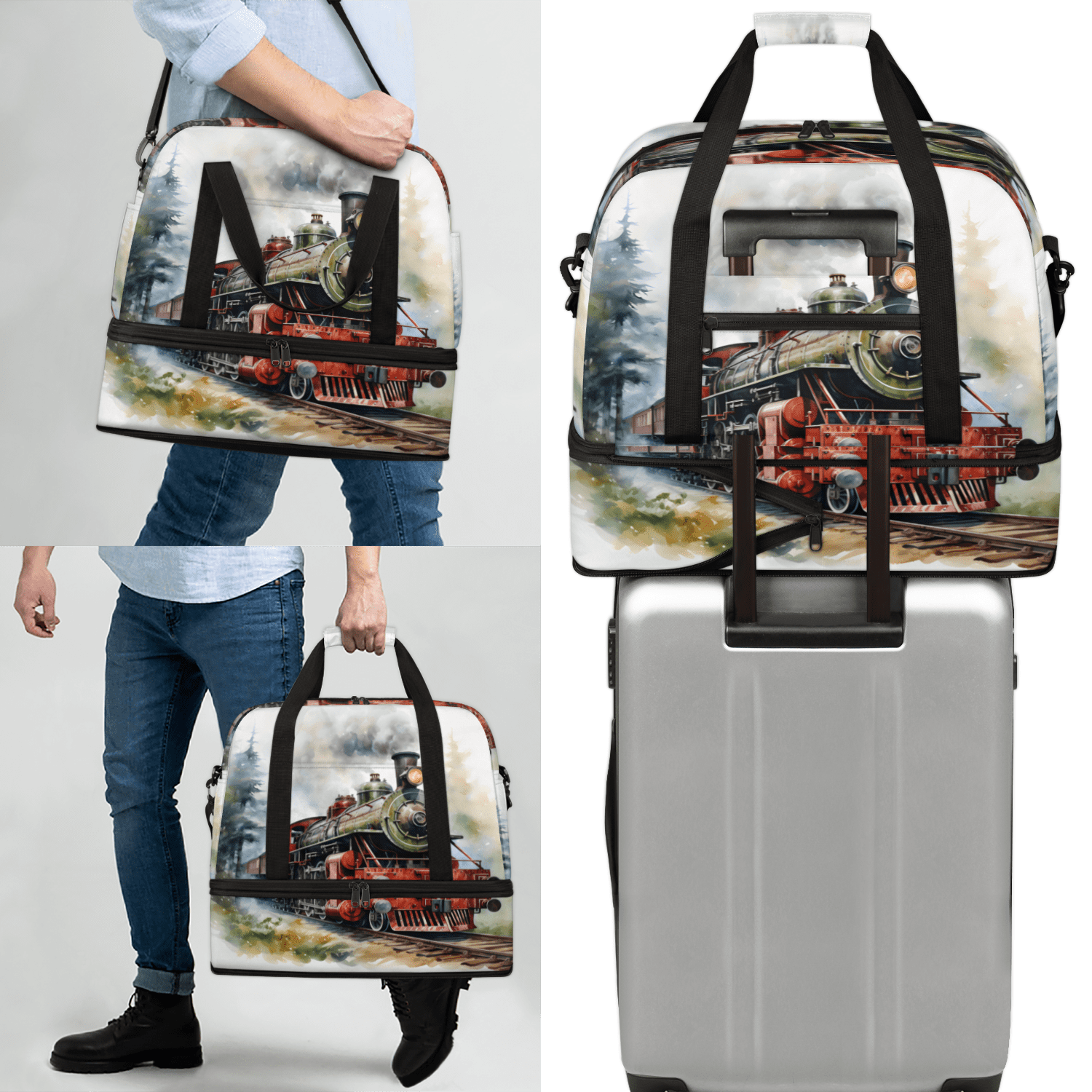 Herdesigns Retro Steam Train Foldable Travel Duffle Bag for Women and Men Lightweight Carry On Overnight Bag Vintage Old Train Gym Luggage Weekender Bags with Shoe Compartment