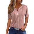 thumbnail image 2 of Women's Vintage Striped Print V Neck T-Shirt, Button Detail Short Sleeve Casual Blouse, Summer Relaxed Fit Casual Tee Top for Women Daily Wear 05-Pink XXXL, 2 of 5