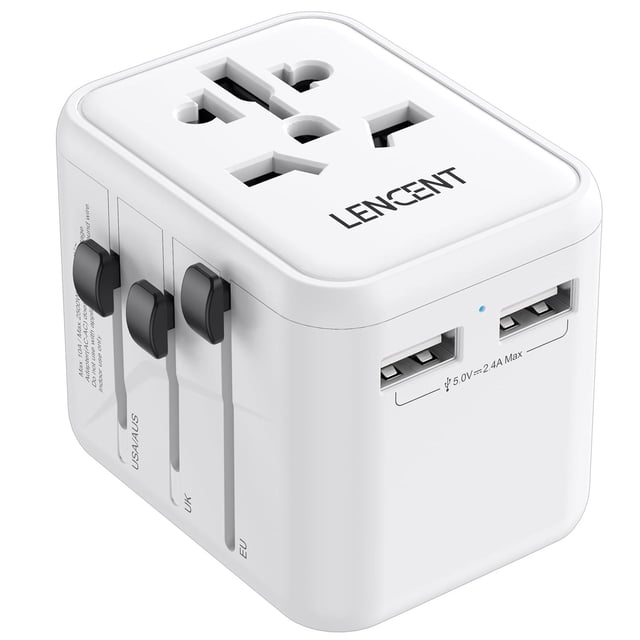 Adaptador Enchufe Universal LENCENT Blanco con 2 Puertos USB para Viaje en Más de 200 Países