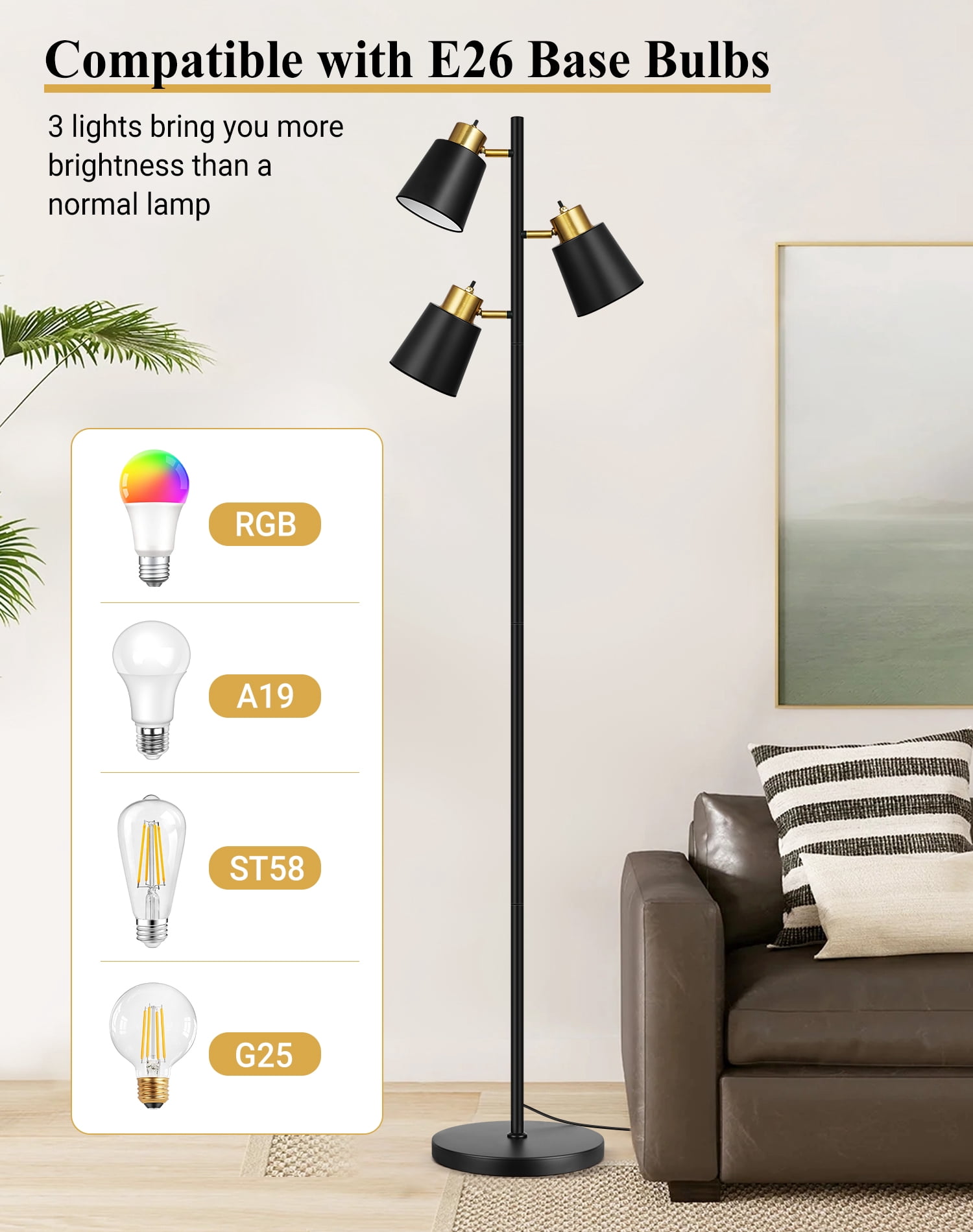 67" Tree Floor Lamps for Living Room, Modern Standing Floor Lamp for Bedroom Study Office Decor, 3 Rotatable Light Heads,Bulbs Included