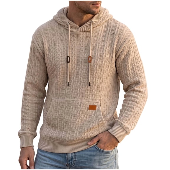 Yutgune Men's Cable Knit Pullover Hoodie, Textured Long Sleeve Hooded Sweater with Drawstring and Kangaroo Pocket