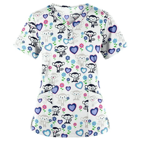 

Womens Scrub Tops Shirts Independence Day Cute Print Graphic Tee Short Sleeve Vneck Nurse Uniform with Pockets