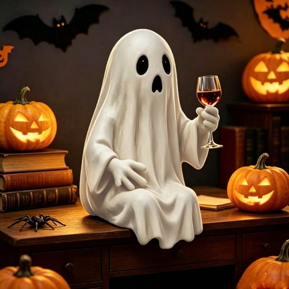 Halloween Decorations for Indoor, Cute Ghost Holding Wine Glass Figurine, Cute Resin Ghost Tabletop Decoration, Whimsical Ghost Statue for Shelf, Desk, Mantel, Halloween Home Party Decor Gift