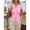 thumbnail image 2 of Women Puff Short Sleeve Button Down Shirt Collared Ruched Fitted Blouse, 2 of 6