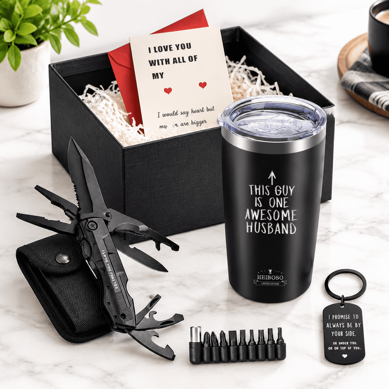 Insulated Tumbler and Multi-tool Pocket Set with Keychain and Greeting Card Gift for Husband Set 20 oz