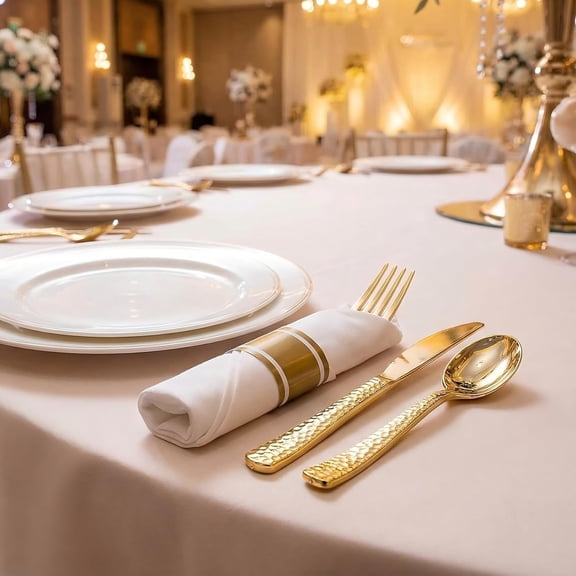 100 Pack Gold Plastic Silverware Set with Napkins for Party