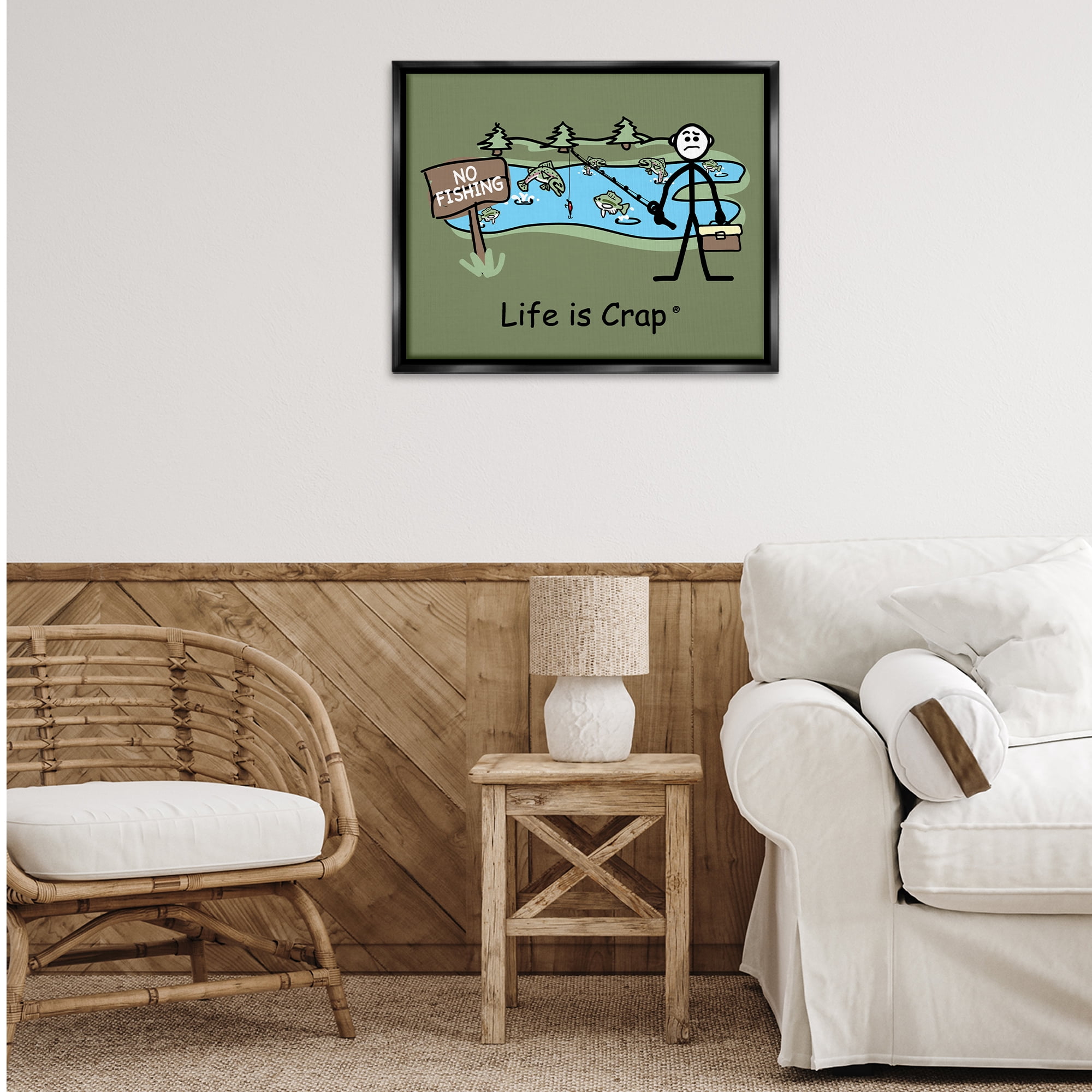 Stupell Industries No Fishing at Pond Novelty & Humor Painting Black Floater Framed Canvas Art Print Wall Art, 31 x 25
