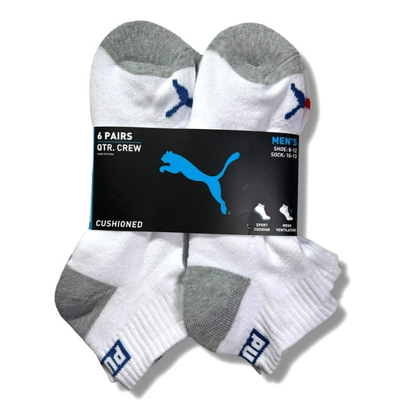 PUMA SOCKS MEN'S - QUARTER CUT - ZING 243 - WHITE BLUE - LARGE (10-13) PACK 6 XX