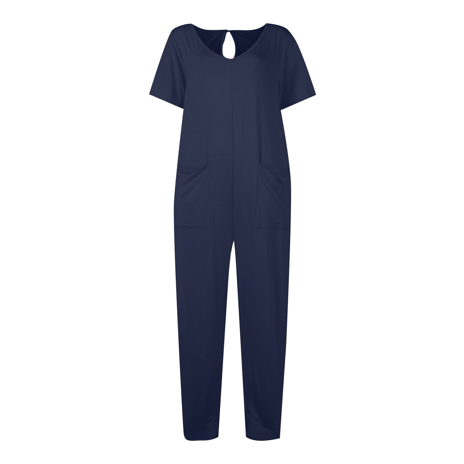 AGWOLF Adult Onesie Pajamas for Women Stretch V Neck Short Sleeve Jumpsuits Loose Fit Solid Ankle Length Pants Summer Rompers with Pockets Soft Sleepwear Homewear One Piece Navy XL