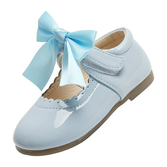 Splozh Toddler Dress Shoes Girls Boots Cute Flat Solid Color Round Head Leather Shoes Dress Walk Shoes Bow Hook Loop Light Blue,US 12