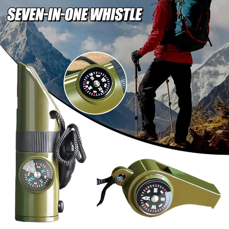 New 7 in 1 Camping Hiking Emergency Survival Whistle with Compass,Thermometer,Outdoor Whistle Camping Tools ArmyGreen Color