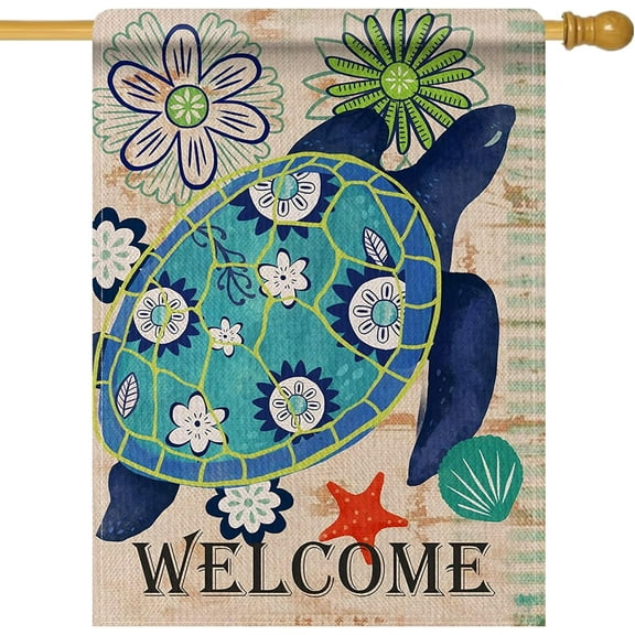 Turtle Beach 28 x 40 House Flag Welcome Summer Double Sided, Tropical Ocean Burlap Garden Yard Decoration Rustic Coastal, Nautical Sea Seasonal Outdoor Décor Decorative Large Flag