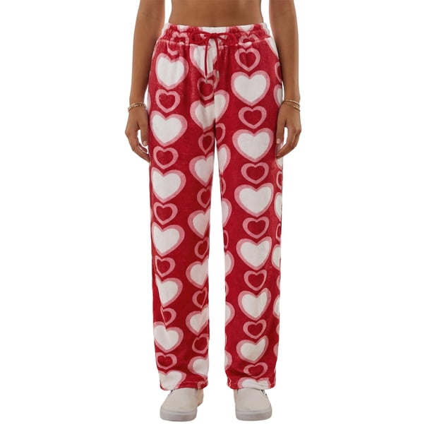 Pantalones de mujer para el Día de San Valentín, con estampado romántico de corazones, cintura elástica con cordón ajustable, pernera ancha y corte holgado, estilo casual para uso diario.