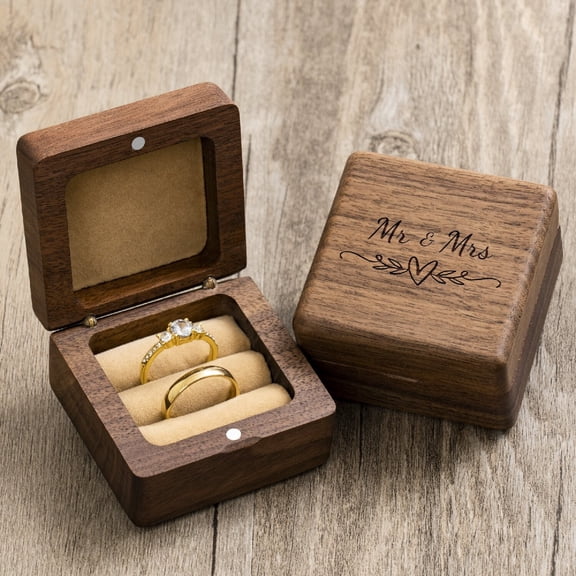 Mr & Mrs  Ring Box - Engraved Walnut Wooden Ring Box for Wedding Ceremony - Wedding Anniversary Birthday Gift Ideas