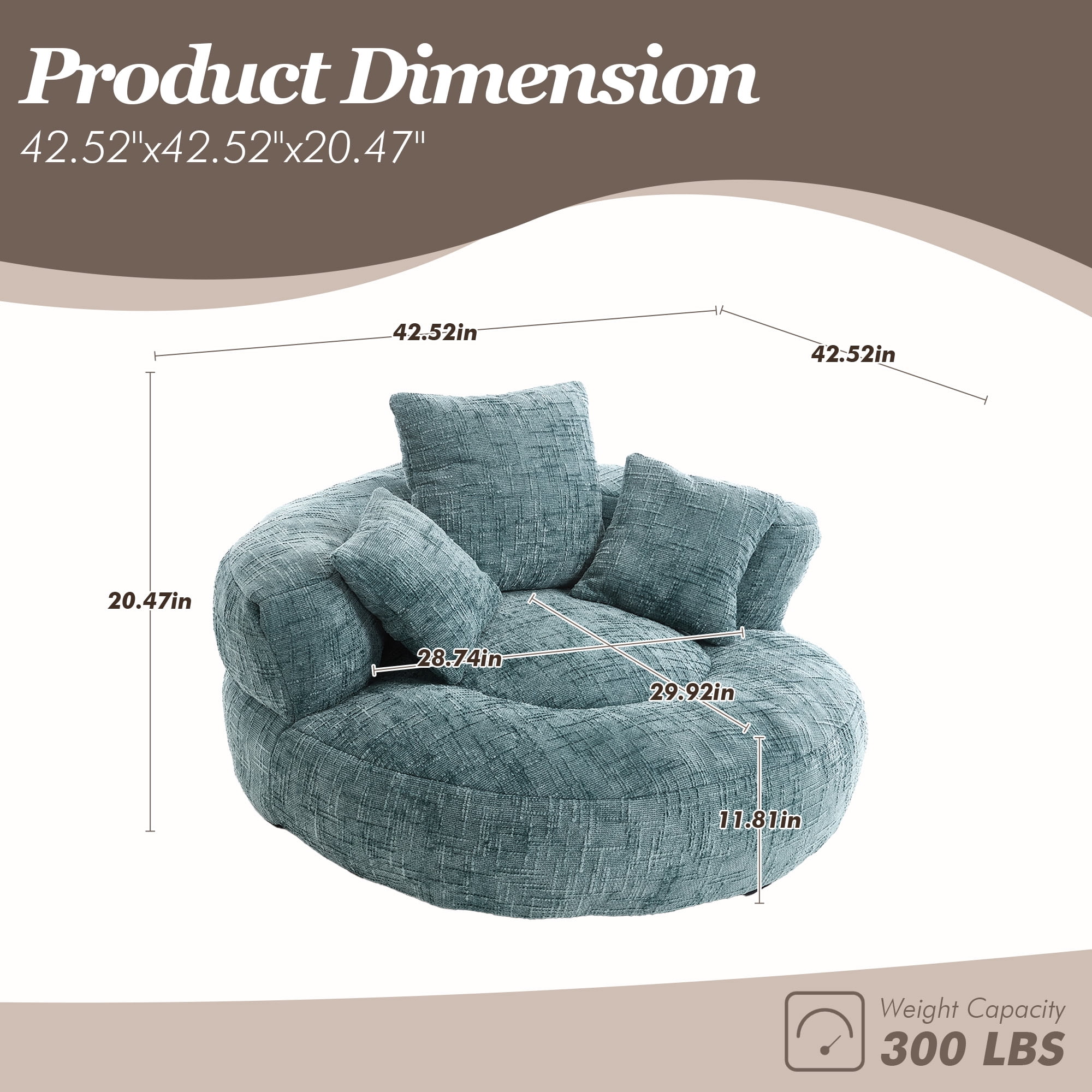 MOONMISS Oversized Bean Bag Chair, Chenille Lazy Bean Bag Sofa with Wrap-Around Backrest & Pillows for Living Room,Teal Blue
