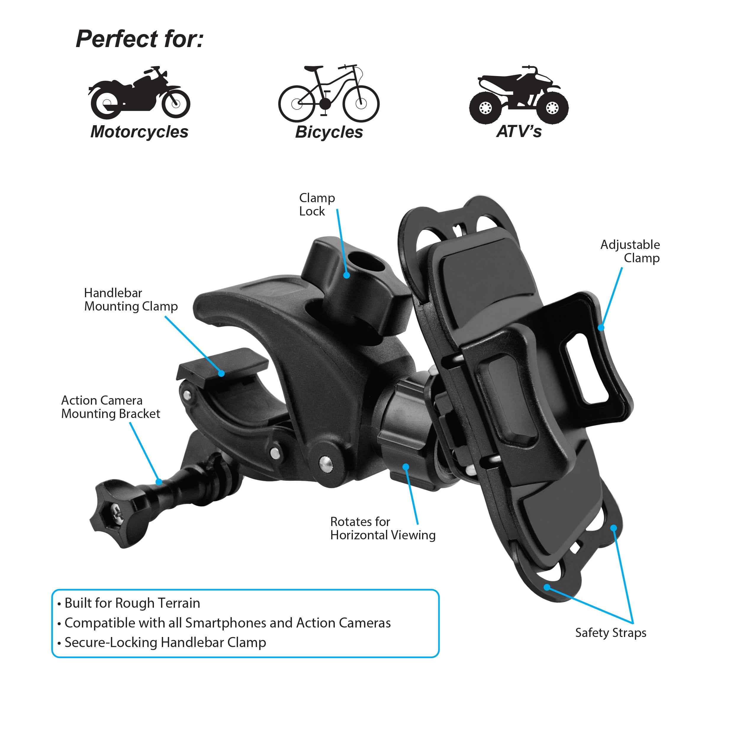 MagiDeal Motorcycle ATV Rearview Mirror Expansion Bracket Phone GPS Light Holder Black 