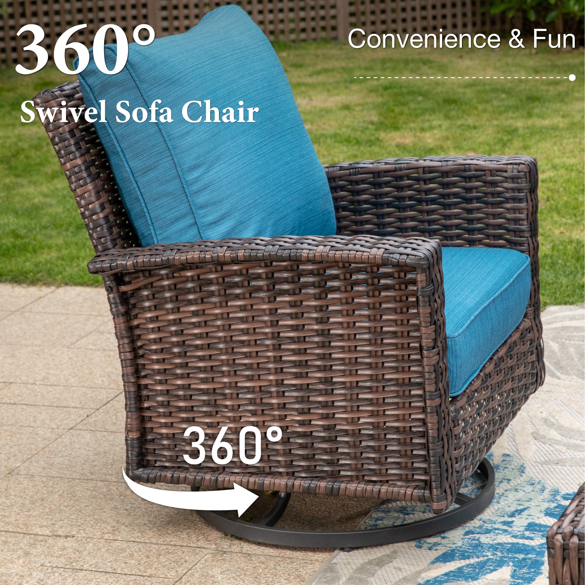 SUMMIT LIVING 9-Seat Patio Furniture Set with 56" Gas Fire Pit Table (50,000 BTU), Wicker Sectional  Outdoor Conversation Set with Swivels Chairs, Peacock-blue