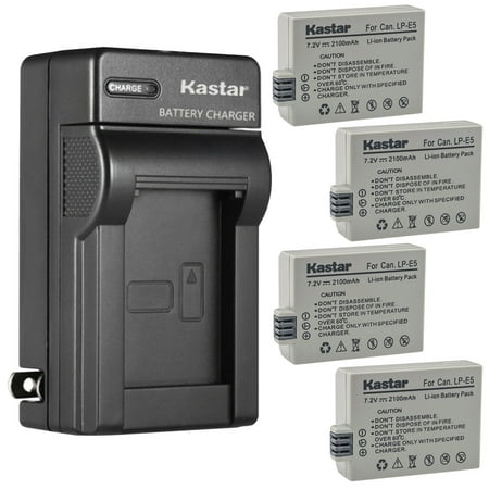 Image of Kastar 4-Pack Battery and AC Wall Charger Replacement for Canon LP-E5 LPE5 Battery Canon LC-E5 LC-E5C LC-E5E Charger Canon EOS Rebel XSi EOS Rebel XS EOS Rebel T1i EOS 450D Cameras
