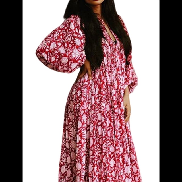 Vestido Midi Holgado Informal de Verano para Mujer, con Escote en V, Cordones, Media , Estampado Geométrico Bohemio Rojo XXL