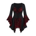 thumbnail image 2 of Luxalzxs Gothic Tops for Women Bell Sleeve Skull Lace Handkerchief Tee Blouse V Neck 3/4 Sleeve Vintage Halloween Flowy Tops, 2 of 5