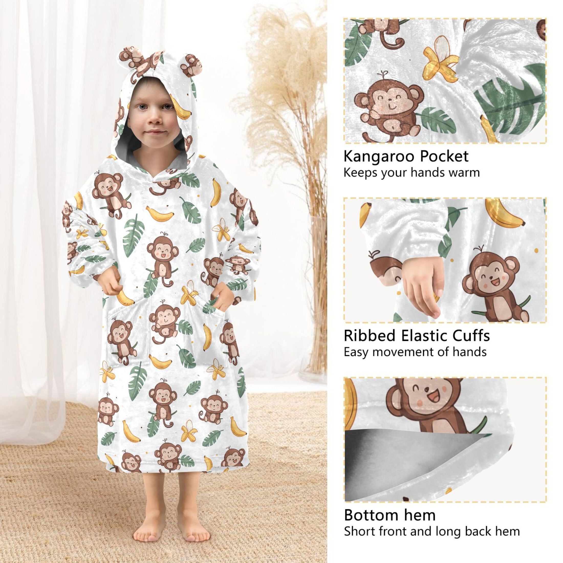 Wearable Blanket Hoodie for Kids Cartoon Monkey Flannel Hooded Blanket with Pockets and Sleeves Suitable for Boys and Girls