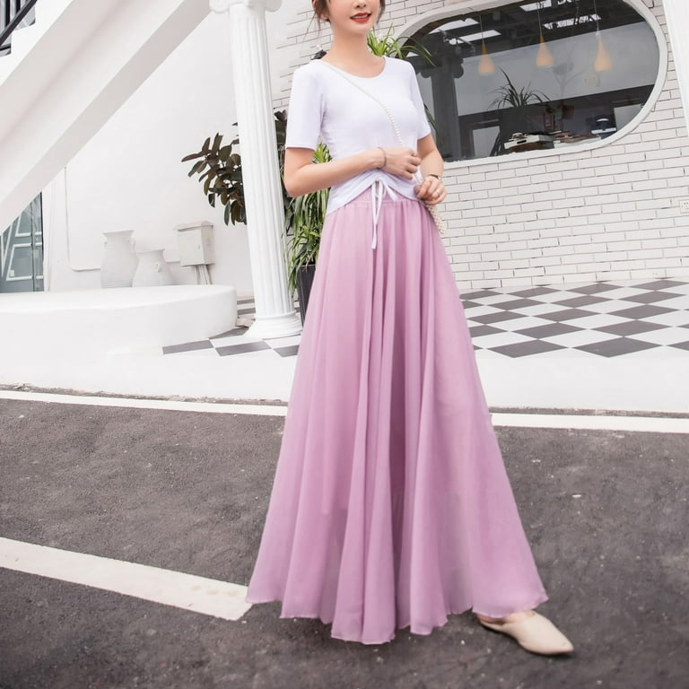 Summer Women s Solid Color Chiffon Skirt Women s High Waist Long Skirt Walmart