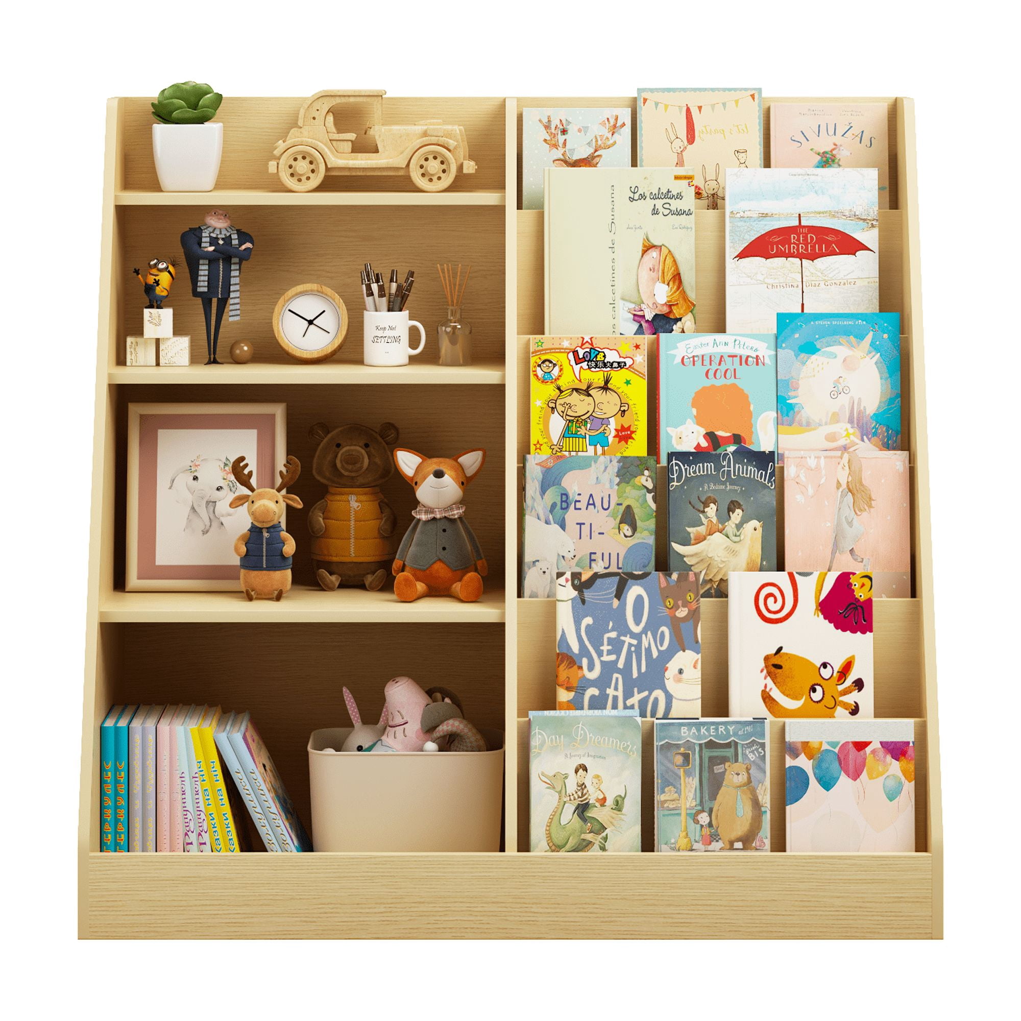 4-Tier Kids Bookshelf and Toy Storage Organizer, Wooden Bookcase Display Stand for Playroom and Nursery, Natural