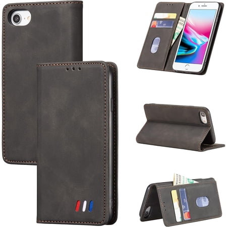 Wallet Case for iPhone SE 2020 iPhone 7 iPhone 8, Premium Vintage PU Leather Case Frosted Wallet Flip Cover Card Slots Magnetic Closure Kickstand Folio Shockproof Protective Case - Black