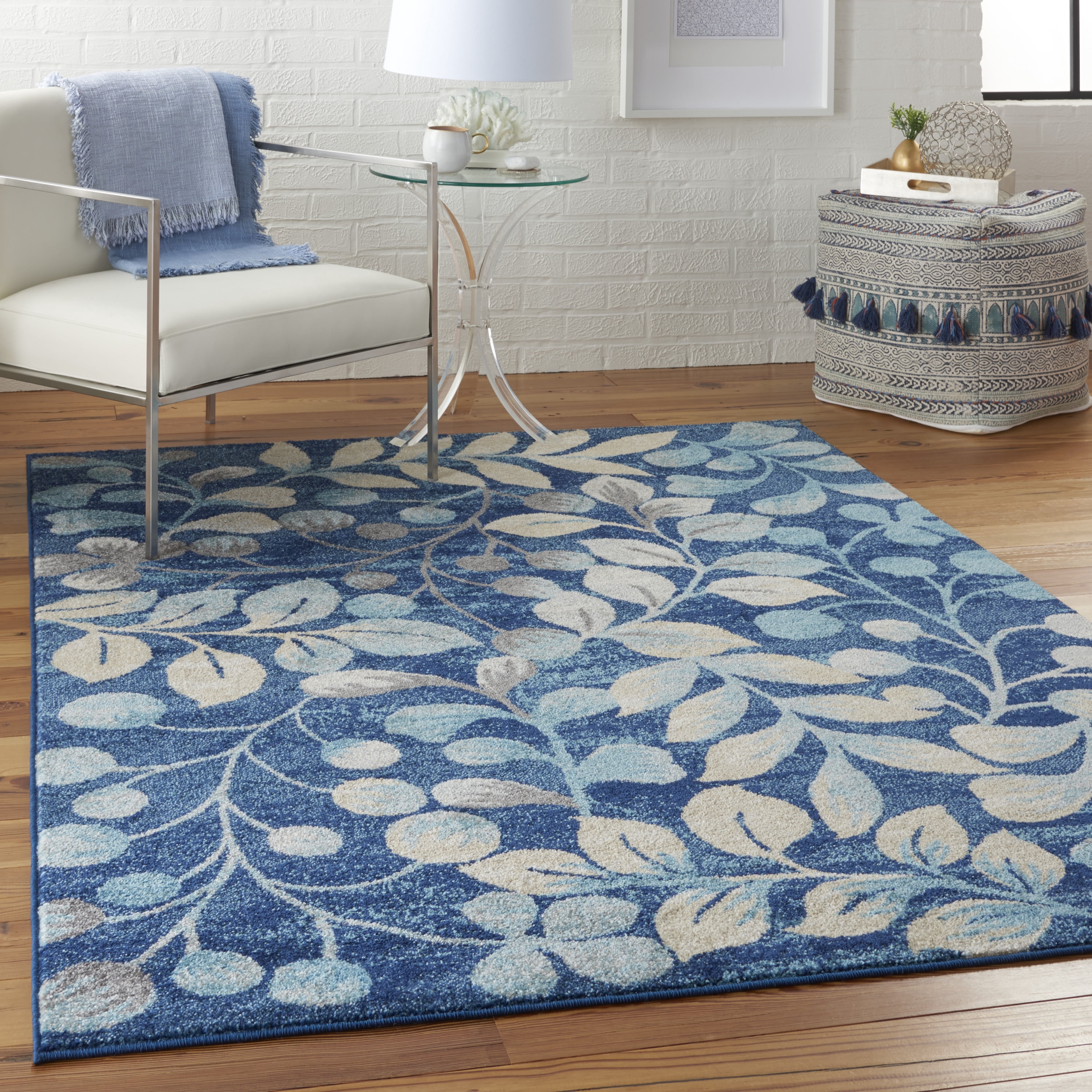 Serene Contemporary Botanical Navy 6' x 9' Area Rug, (6' x 9')