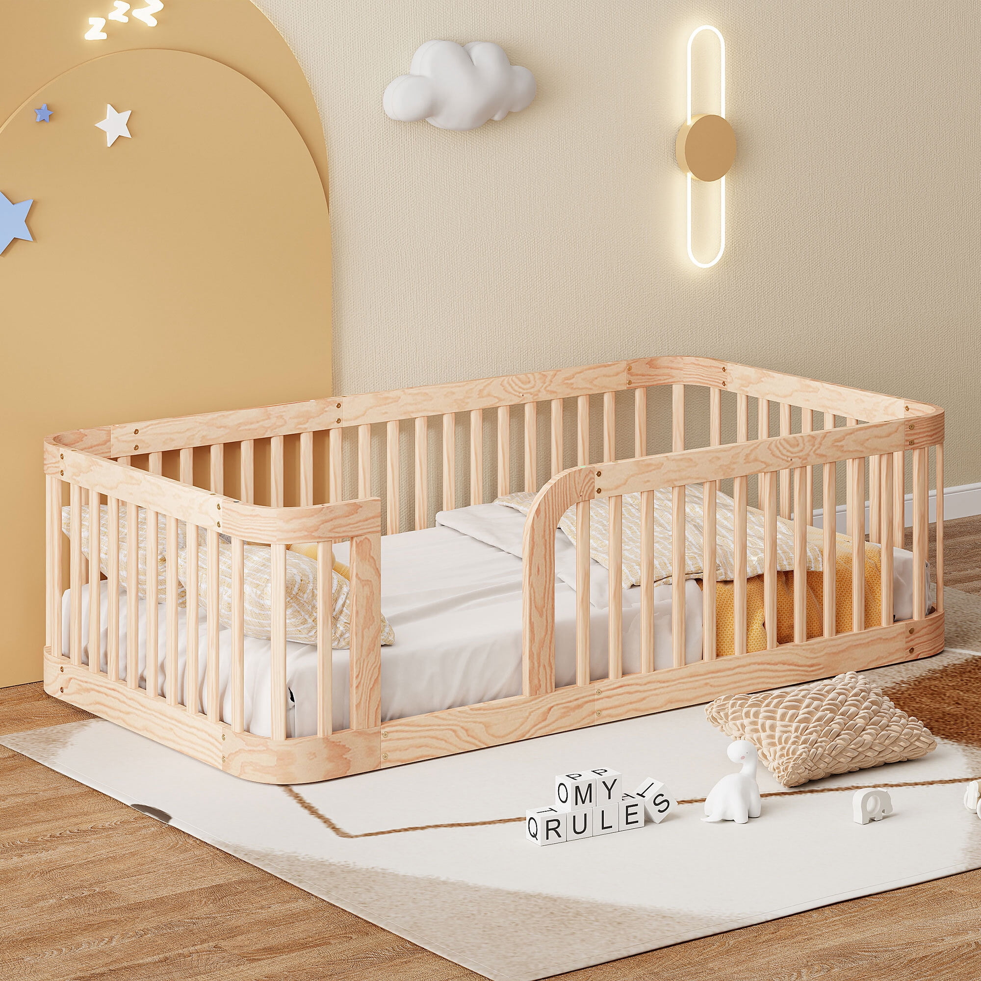 Euroco Twin Size Floor Bed with Fence for Kids and Toddlers, Natural