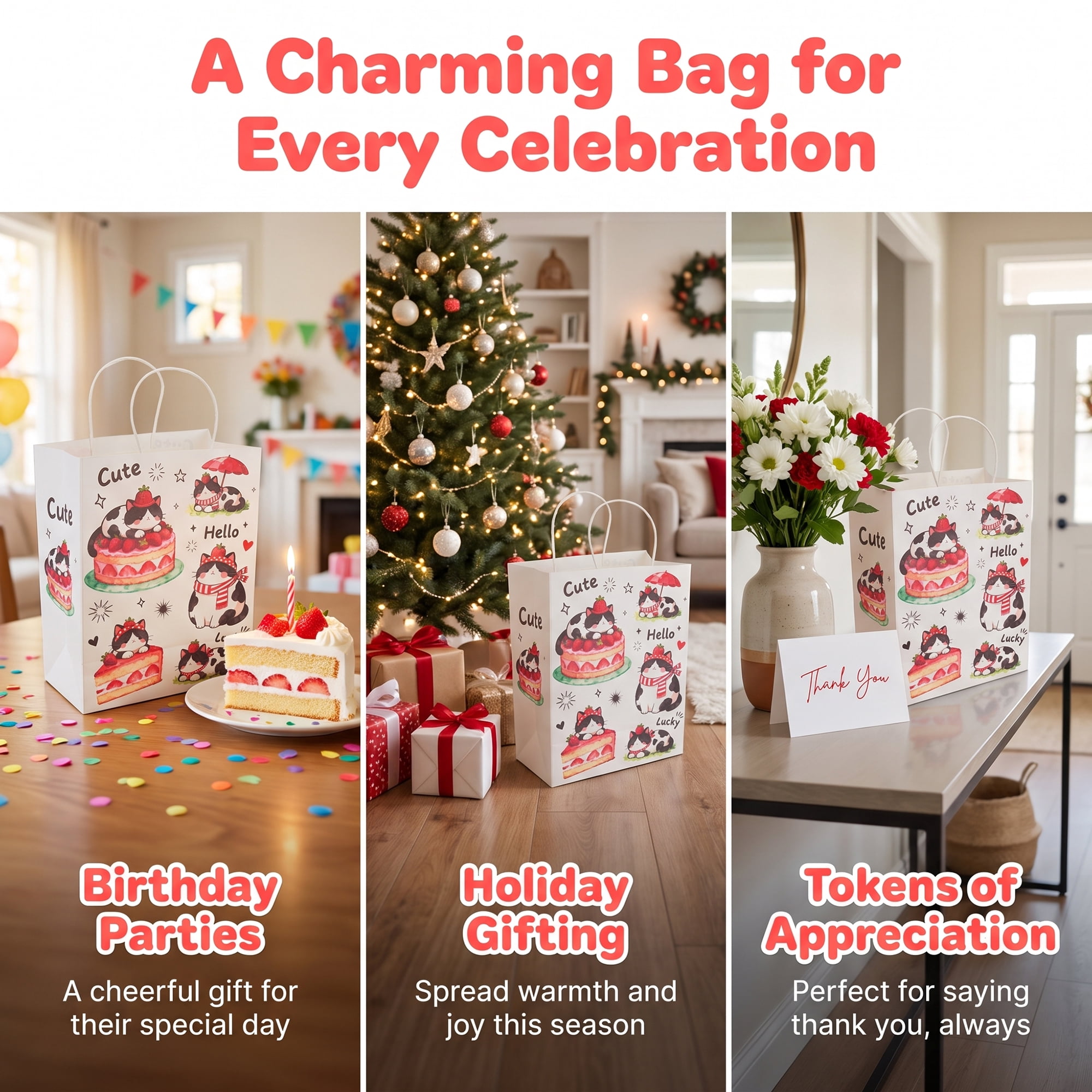 Unique Bargains Cartoon Gift Bags with Handles for Occasions Red Cat 8.3" x 4.3" x 10.6"