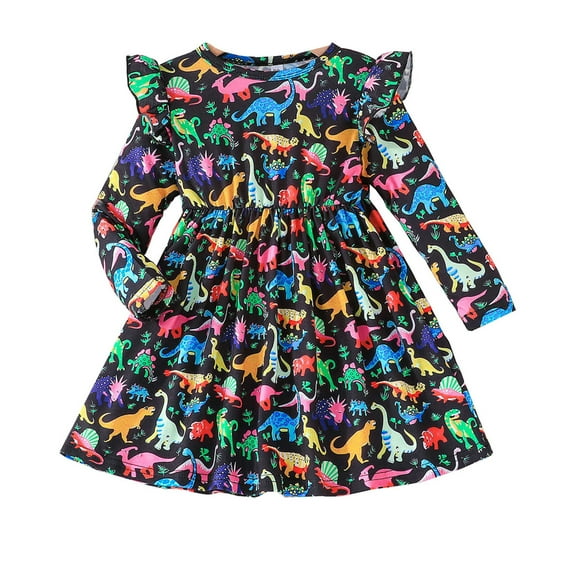 Utlike Girls Dresses A Line Princess Dress Comfy Ruffle Sleeve Dinosaur Skirt Relaxing Fit Sundress For Girl Size 5 Years-6 Years