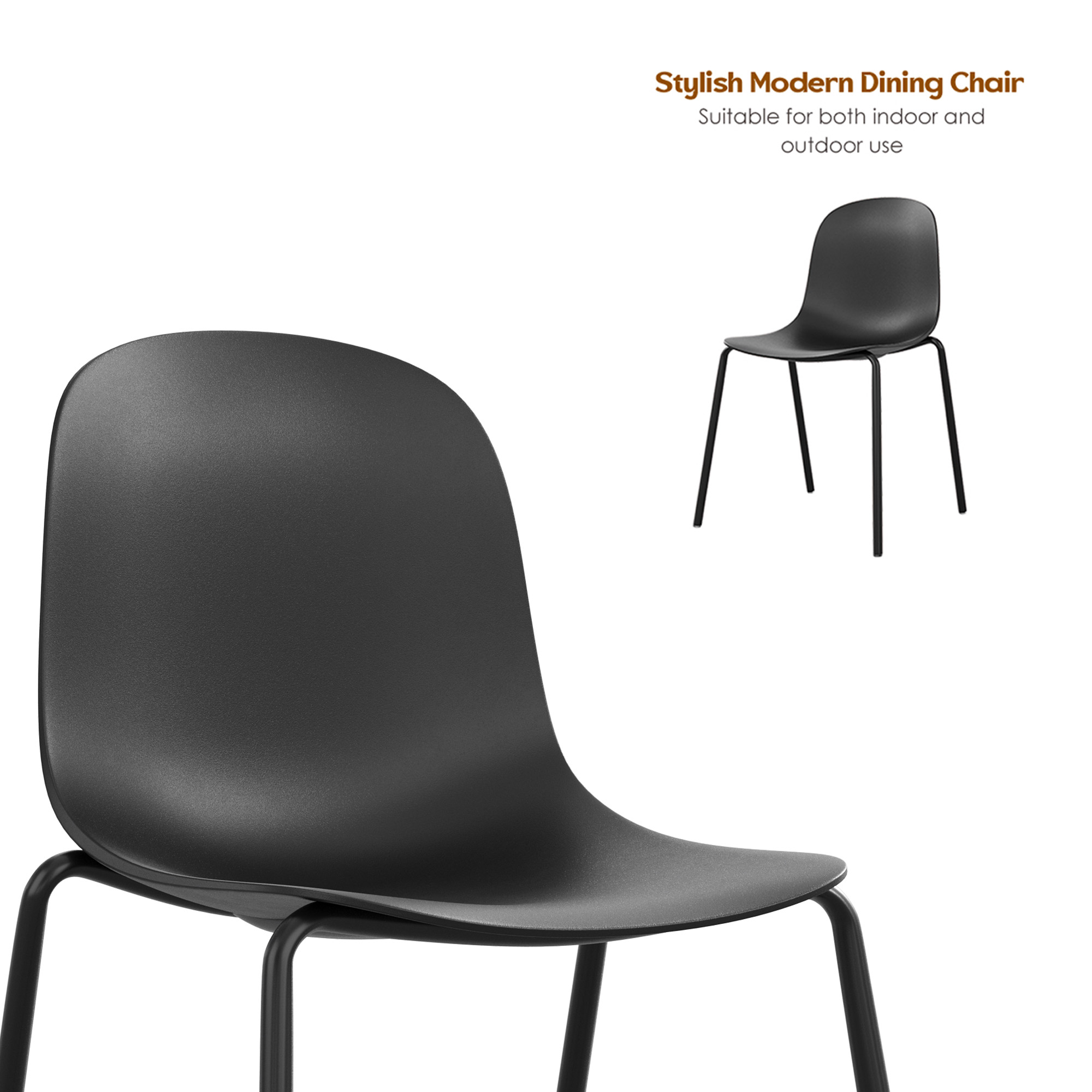 MAYEERTY Black Set of 4 Modern Stackable Plastic Waterproof Dining Chairs, Metal Legs, Indoor/Outdoor Use
