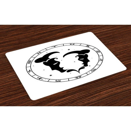 Zodiac Gemini Placemats Set of 4 Zodiac Wheel with Twelve Signs Abstract Male Portraits with Stars Tattoo, Washable Fabric Place Mats for Dining Room Kitchen Table Decor,Black and White, by (Best Places For Male Tattoos)