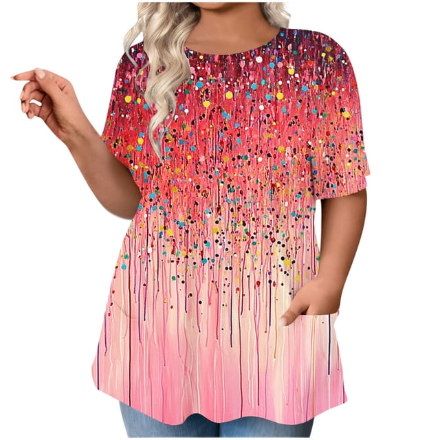 Short Sleeve Button-Up Blouse for Women, Plus Size Casual Pullover with Round Neck and Dual Front Pockets, Polyester Fabric, Spring Summer Wear