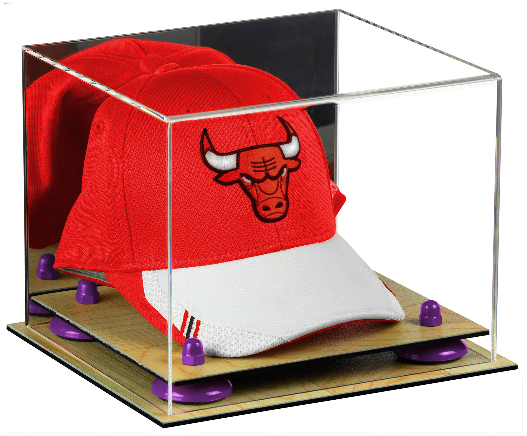 Deluxe Acrylic Basketball Hat or Cap Display Case with Mirror, Purple Risers and Wood Base (A006