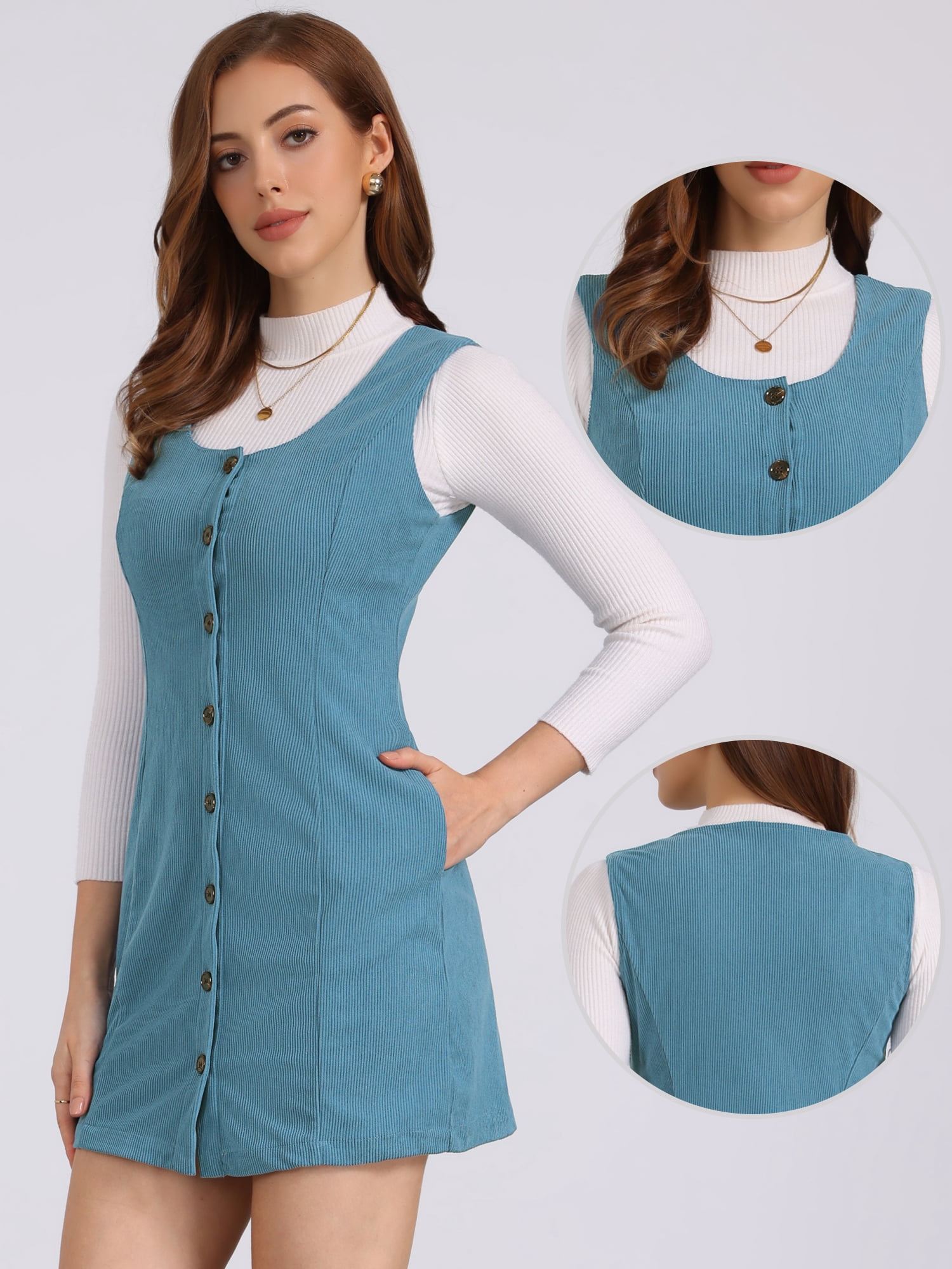 DARING DIVA Women's Stylish Corduroy Overall Scoop Neck Sleeveless Dress XL Blue