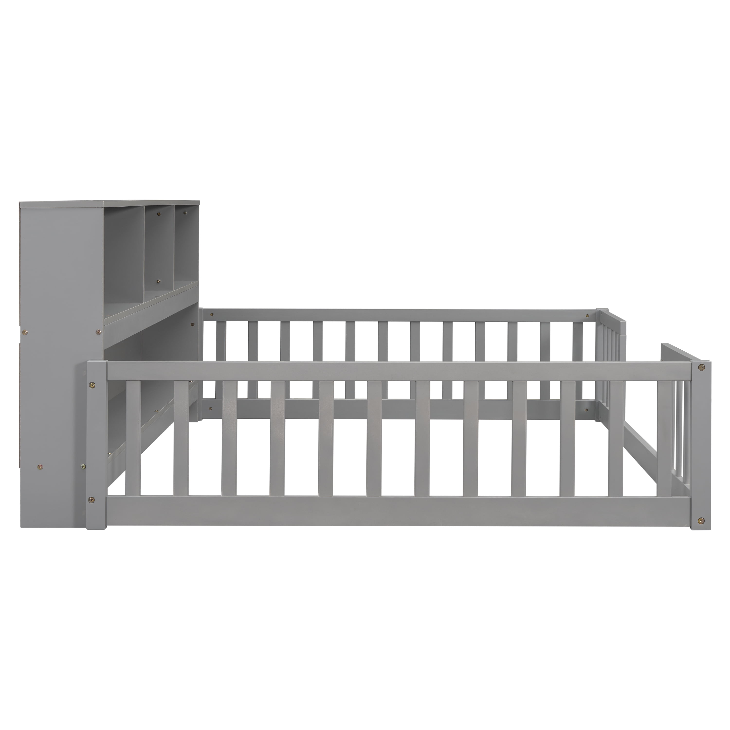 Miniyam Full Floor Bed with Bookcase Shelves and Guardrails, Wood Low Profile Bed Frame, Gray