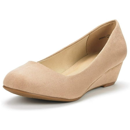 

Dream Pairs Women s Mid Wedge Heel Pump Shoes Debbie color NUDE/SUEDE size 9