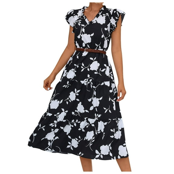 TIHLMK Sexy Dresses for Women Women's Fashion Causual V-neck Tie Floral Print Slit Puff Sleeve Dress Gift for Women