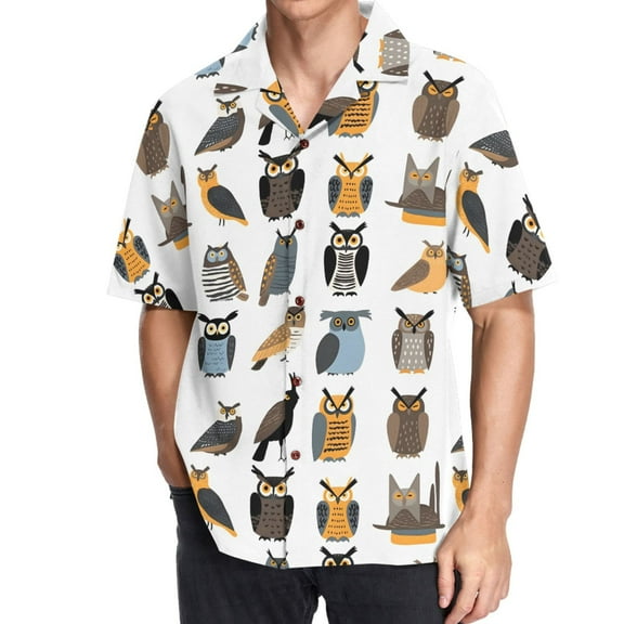 joogoo Men's Hawaiian Shirt Owl Pattern Short Sleeve Casual Button Down Shirts M