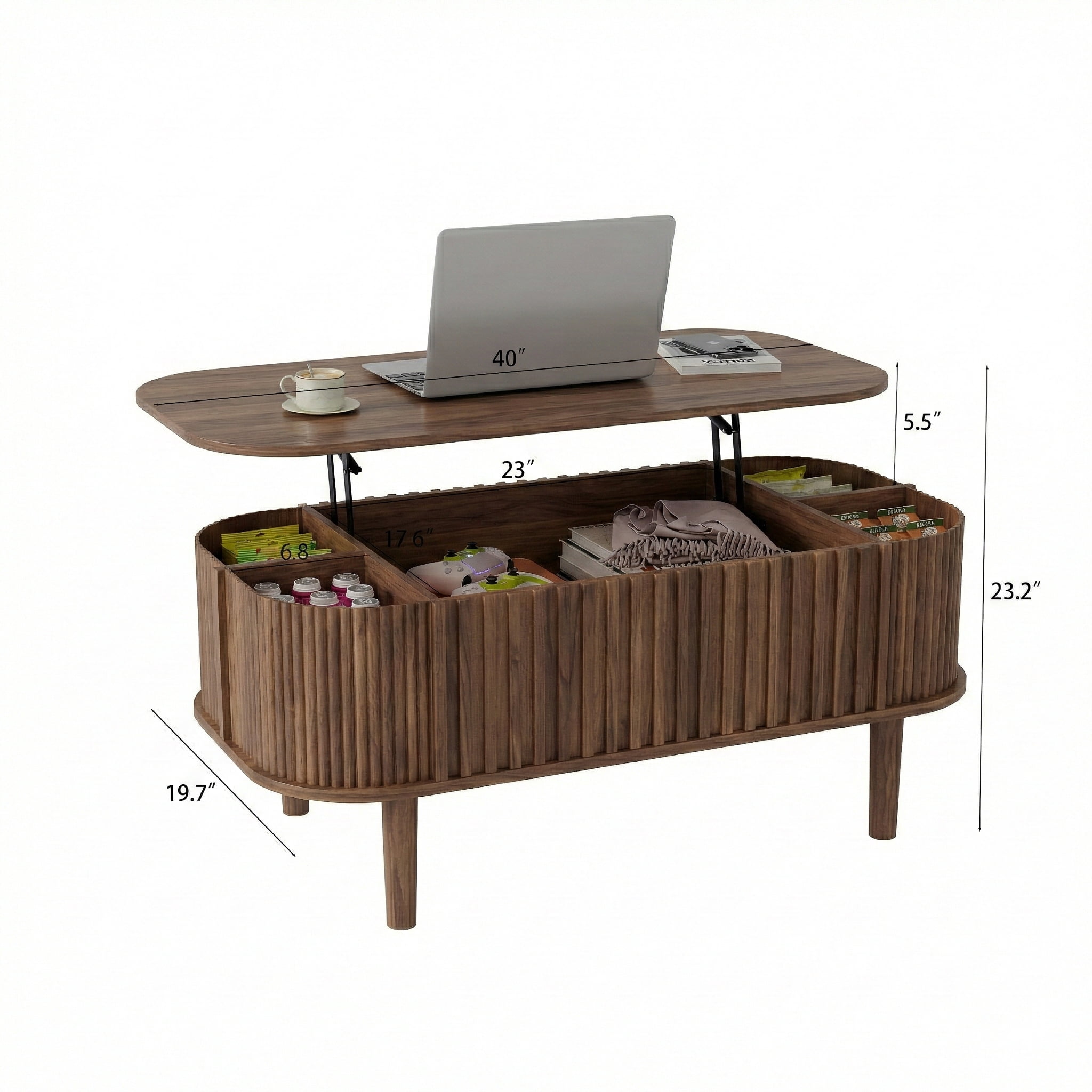 40" Lift Top Coffee Table with Storage, Faux Marble Tabletop & Solid Rubber Wood Legs, Mid-Century Modern Lift-Up Coffee Table for Living Room Walnut