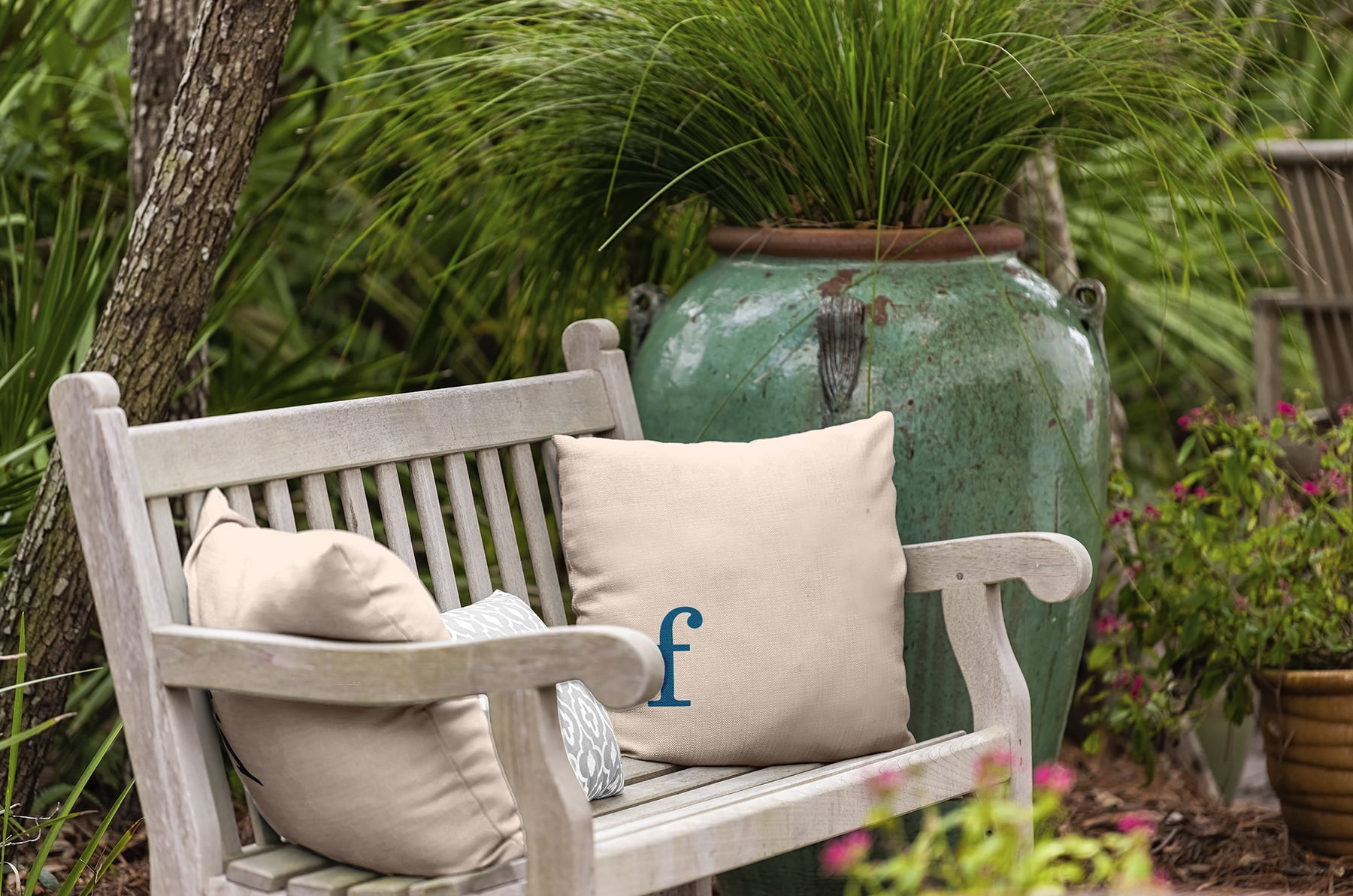 Simply Daisy 18" x 18" Modern Monogram Indoor/Outdoor Polyester Throw Pillow, Autumn Blue